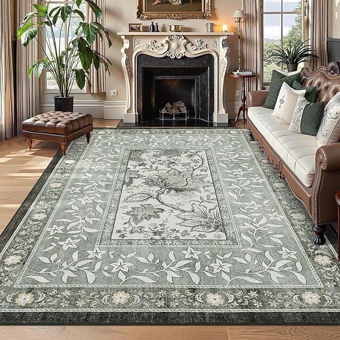 GarveeHome Provence 10x13 Area Rug for Living Room, Botanical Grove Soft Cottagecore Washable Rug for Bedroom Dining Nursery Low-Pile Vintage Large Carpet Gray Fog Green