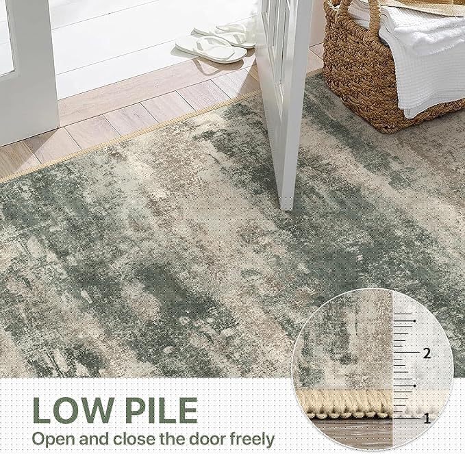 BEIMO Runner Rug for Hallway Kitchen, 2'x6' Machine Washable Runners Rug for Entryway, Soft Modern Abstract Throw Rugs, Low Pile Floor Cover with Non Slip Backing, Grey/Dark Green