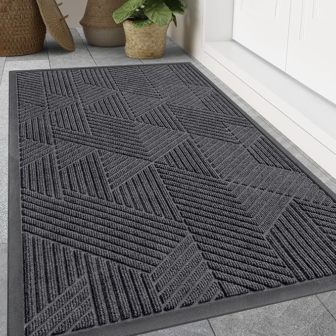 Smiry Front Door Mat Outside Entrance, Heavy Duty Sturdy Natural Rubber Doormat, Trap Dirt and Moisture, Easy Clean Low Profile Mats for Indoor Outdoor Entry, Irregular Triangle (71x47, Medium Grey)
