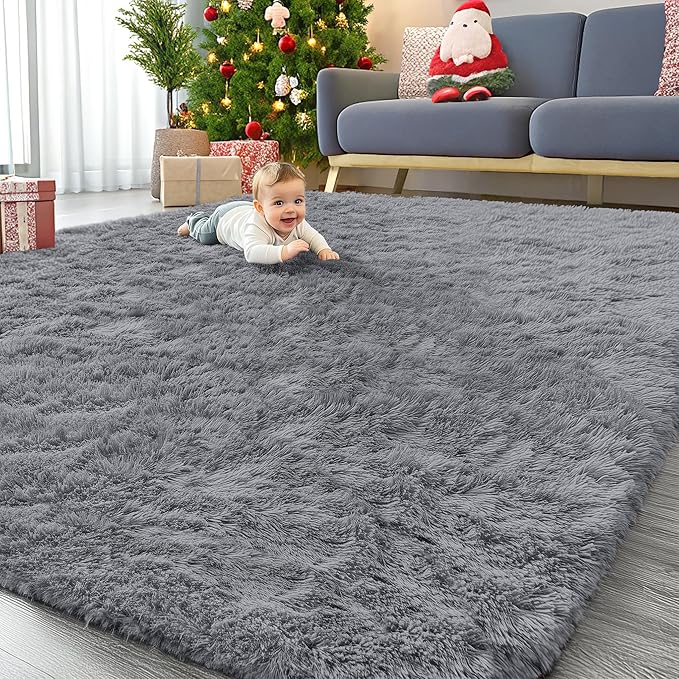 OLANLY 6x7 Area Rugs for Living Room Bedroom, Machine Washable Soft Fluffy Shaggy Bedside Rug, Indoor Floor Carpet for Kids Girls and Boys, Dorms, Nursery Rooms, Home Decor Aesthetic, Light Grey