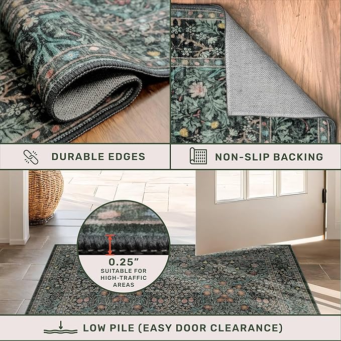 Dark Green Washable 3x20 Extra Long Runner Rug for Hallway Non Slip, Large Kitchen Indoor Floor Rugs for Entryway Hall Way, Soft Stain Resistant Low Pile Vintage Floral Carpet