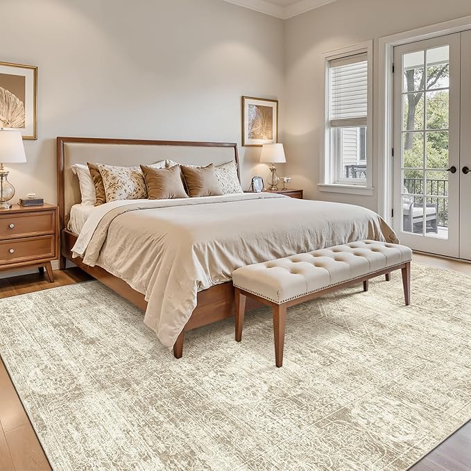 Madane 8x10 Area Rugs for Living Room, Machine Washable Vintage Beige Rug with Non-Slip Backing, Soft Throw Large Rug, Thin Carpet for Bedroom Dining Room Farmhouse Under Table