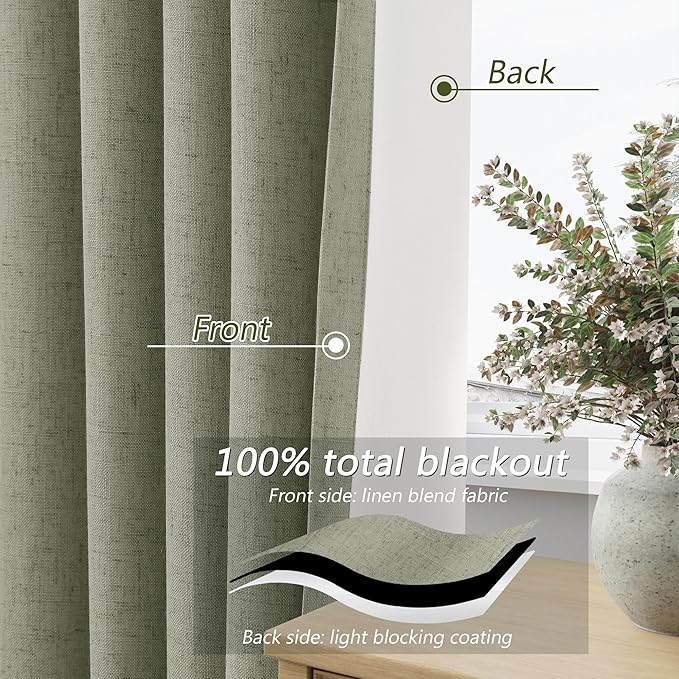 Sage Green 100% Blackout Linen Curtains 90 Inch Length 2 Panels Set for Living Room Bedroom Back Tab Thermal Insulated Black Out Drapes Room Darkening Window Curtains 90 Inches Long