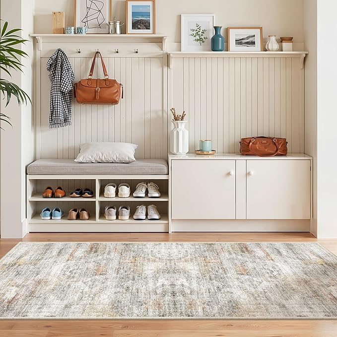 2x5 Rug Runner Washable for Entryway, Soft Bathroom Rugs with Non-Slip Backing, Abstract Low Pile Hallway Runner, Vintage Small Kitchen Carpet for Stair, Laundry Room(2'x5', Grey/Rust)