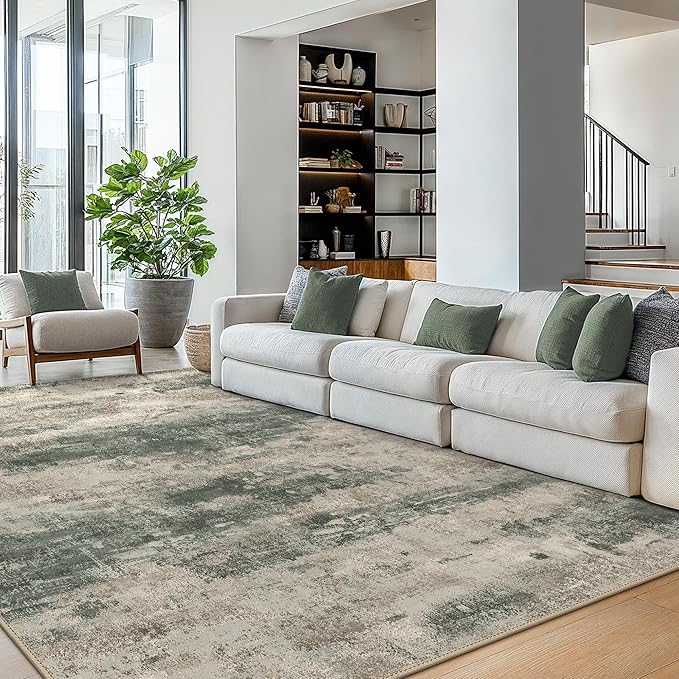 BEIMO Area Rugs 5x7 for Living Room Bedroom, Modern Abstract Machine Washable Rug, Large Soft Low Pile Floor Cover with Non Slip Backing for Dining Room, Grey/Dark Green