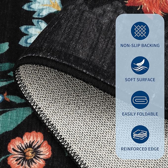 GarveeHome Washable Rug 8x10 Area Rugs for Living Room, Floral Rug for Bedroom, Soft Vintage Non Slip Throw Rugs with Rubber Back, Low Pile Stain Resistant Boho Floral Carpet for Dining Room, Black