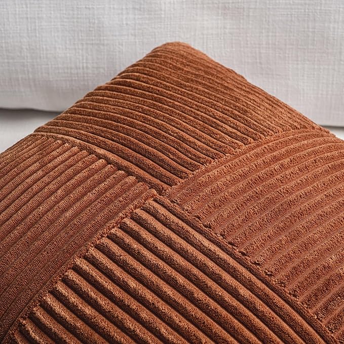 Fancy Homi 2 Packs Rust Lumbar Decorative Throw Pillow Covers 14x22 Inch for Living Room Couch Sofa, Rustic Farmhouse Boho Home Decor, Soft Striped Corduroy Rectangle Accent Terracotta Cushion Case