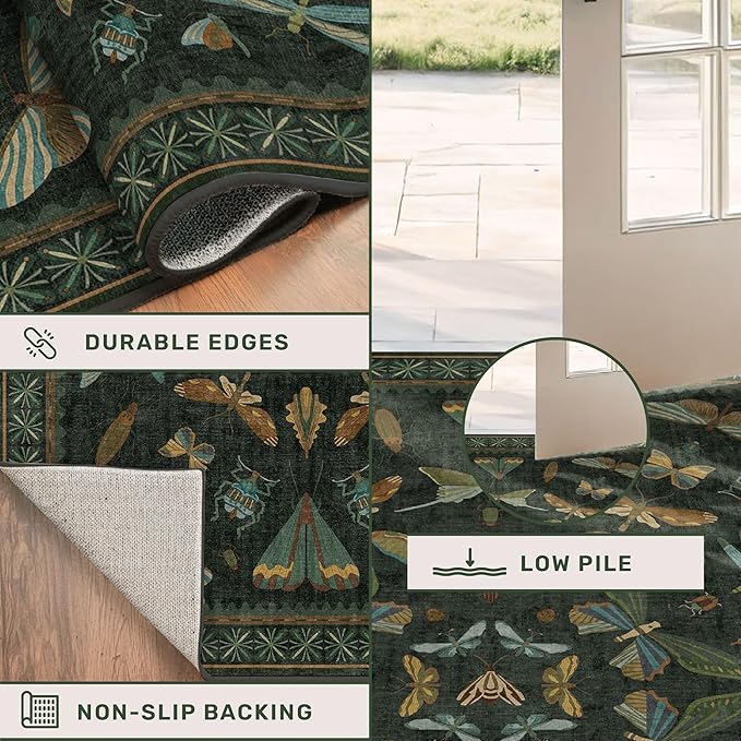 Hazo Haus 2x4 Entry Way Rugs Indoor - Dark Green Putdoor Rug for Kitchen, Bathroom, Insect Boho Design, Washable Non Slip Stain Resistant