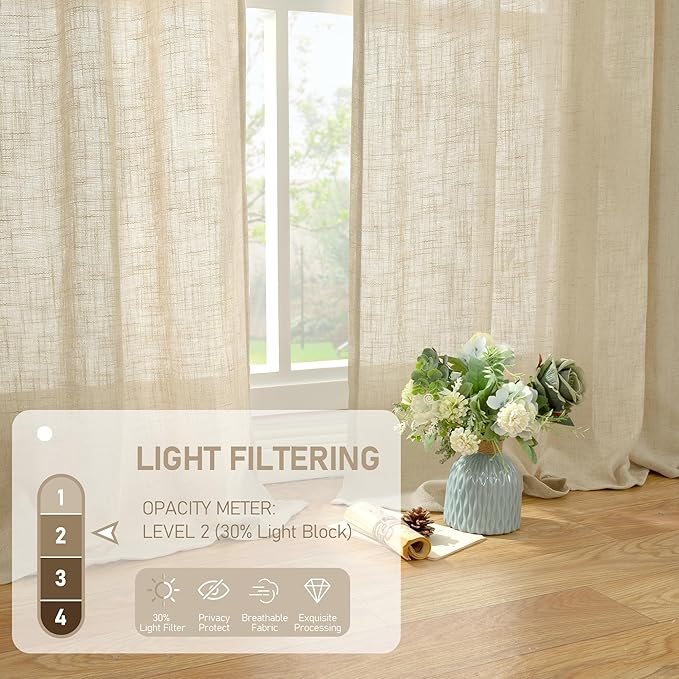 LAMIT 95 Inch Long Linen Curtains for Living Room, Light Filtering Semi Sheer Panels Back Tab and Rod Pocket Neutral Panels for Bedroom/Sliding Glass Door, 60 x 95 Inch, Linen, 2 Panels Set