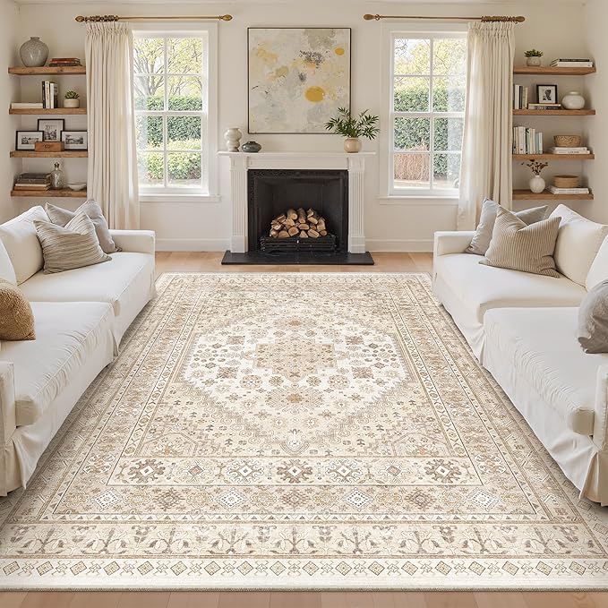 zesthome 8x12 Area Rugs,Stain Resistant Washable Rug,Ultra-Thin Rugs for Living Room,Bedroom,Non-Slip Backing Home Decor Large Area Rug (Cream/Beige,8'x12')