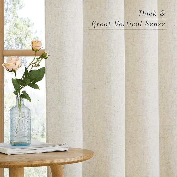 NICETOWN Natural Linen 102 inch Curtains for Bedroom, Grommet Privacy Added with Light Filtering Thick Flax Window Treatments Linen Blend for Living Room, W55 x L102, 2 Panels
