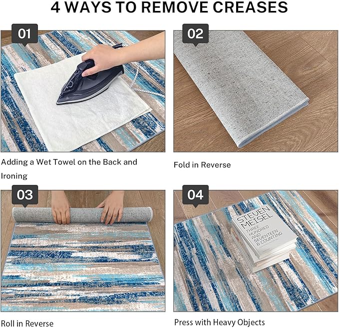 Lansny Modern Abstract Runner Rug 3x10, Blue Washable Kitchen Runner Non-Slip Soft Hallway Rug Runner Thin Print Faux Wool Carpet for Entryway Bedroom Laundry Room Indoor Home Office Decor