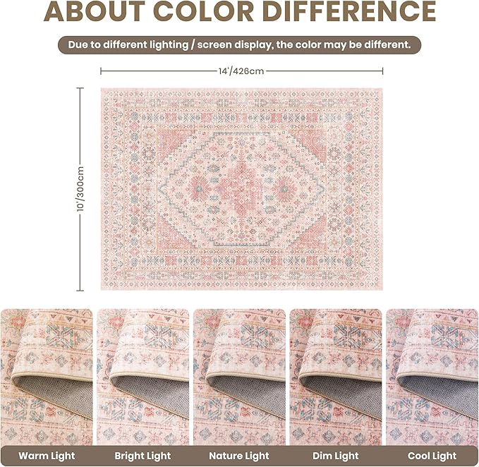 zesthome 10x14 Area Rugs - Large Pink Rugs for Bedroom Girls, Stain Resistant Washable Rugs, Vintage Low Pile Rug, Nursery Room Rug, Pink Room Decor (Pink/Blue,10'x14')
