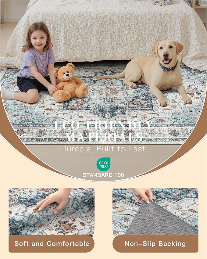 Madane Hallway Rug 3x10, Kitchen Rugs Washable Entryway Rug Vintage Kitchen Runners Non Slip Indoor Area Rug Farmhouse Carpet Runner for Bathroom Living Room Bedroom, Blue