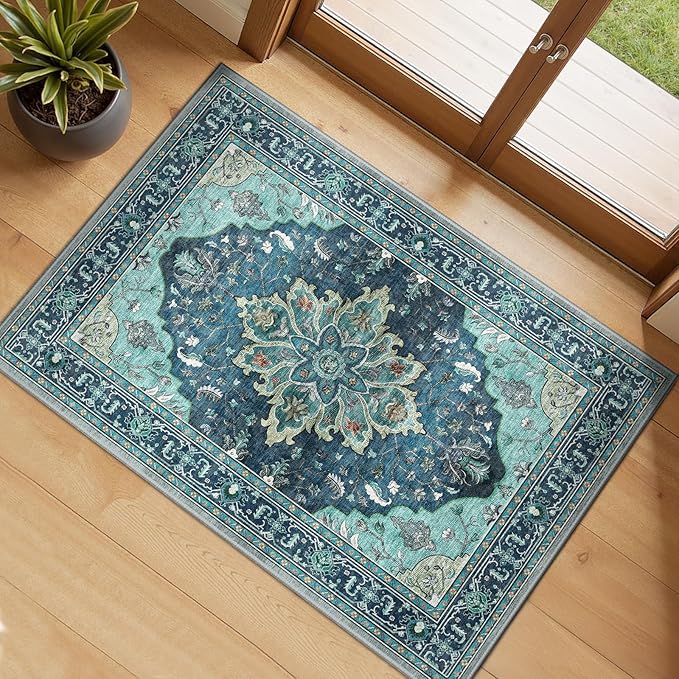 Area Rugs 2'6''x4' Kitchen Rugs Entry Rug Small Rugs for Entryway Kitchen Bathroom Door Mat Indoor Entrance,Washable Non Slip, Teal Green Lake Blue Turquoise