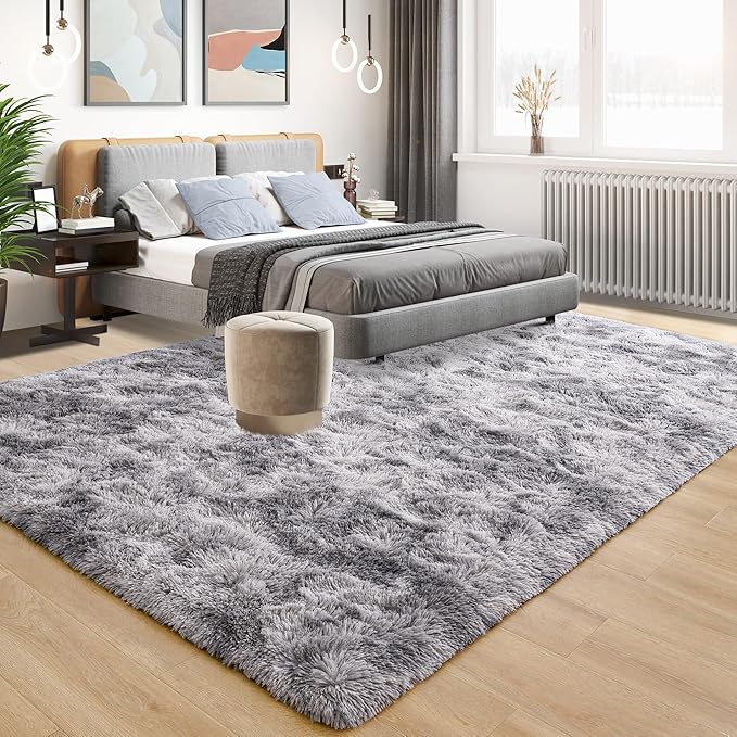 Tepook Soft Fluffy Rugs for Living Room, 5x8 Shaggy Area Rug for Bedroom, Modern Shag Rug Fuzzy Carpets for Kids, Plush Indoor Nursery Home Decor Rug with Non-Slip Bottom, Tie-dye Light Grey