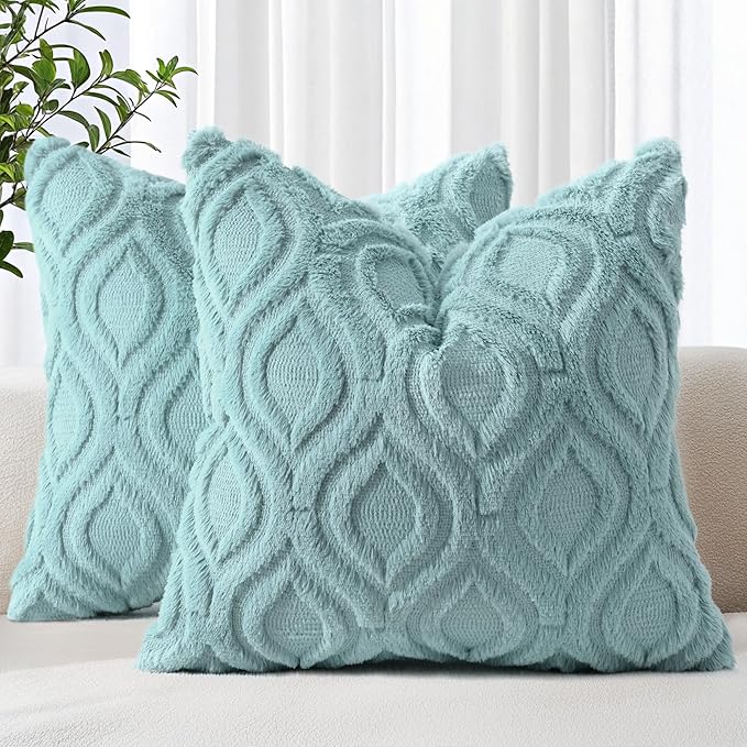 decorUhome Summer Throw Pillow Covers 24x24 Inch Set of 2, Soft Plush Faux Wool Aqua Solid Couch Pillow Covers, Accent Euro Sham Farmhouse Neutral Square Pillow Cases for Sofa Bed Living Room