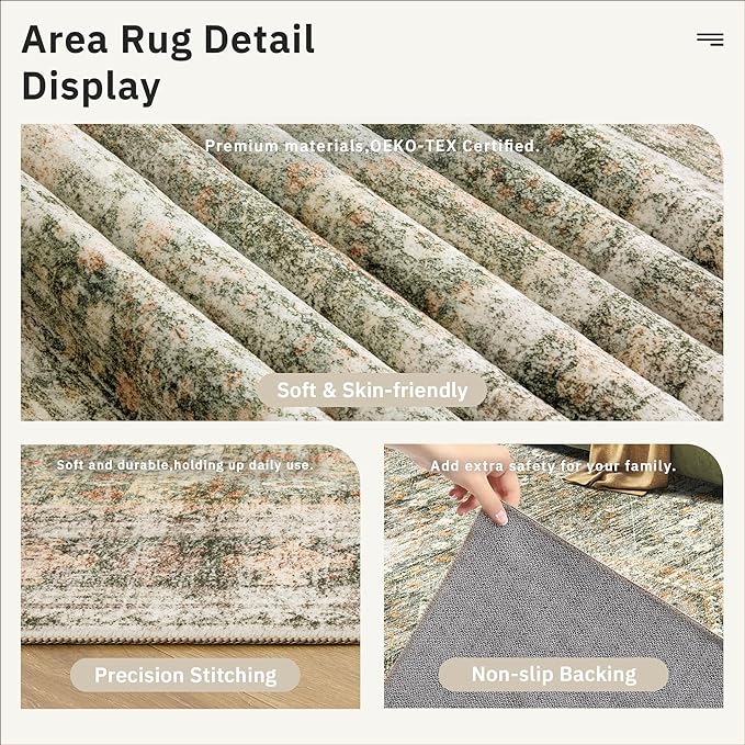 Soalmost Washable Area Rug 8x10, Large Soft Rugs for Living Room Vintage 8x10 Area Rugs for Bedroom Dining Room Non-Slip Stain Resistant Under Table Green Orange Rug