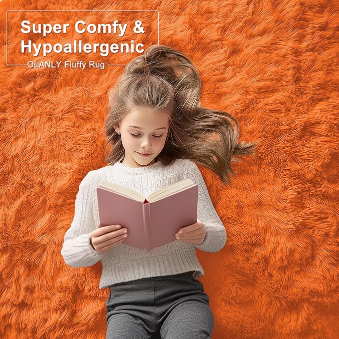 OLANLY Area Rugs for Living Room Bedroom, Machine Washable 4x5.9 ft Soft Fluffy Shaggy Bedside Rug, Indoor Floor Carpet for Kids Girls and Boys, Dorms, Nursery Rooms, Home Decor Aesthetic, Orange