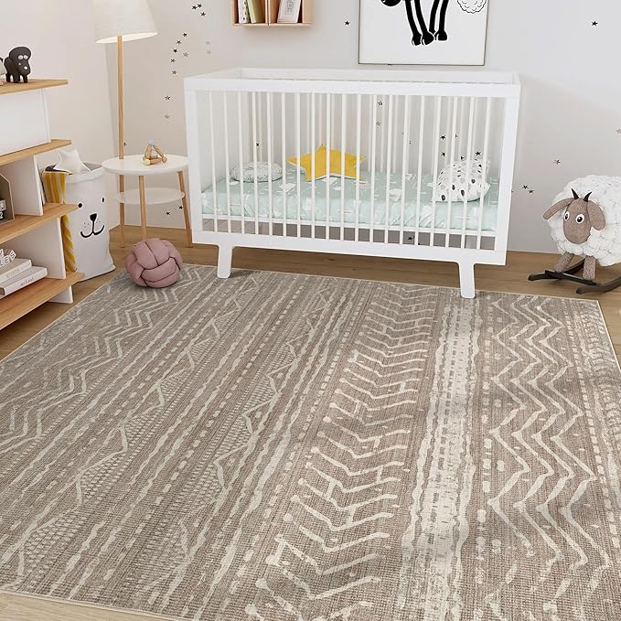 Nakagishi 5x8 Area Rug Living Room: Washable Boho Large Neutral Soft Rugs Farmhouse Stain Resistant Modern Indoor Non-Slip Floor Carpet for Bedroom Nursery Kids Playroom Office Dining Room- Dark Brown