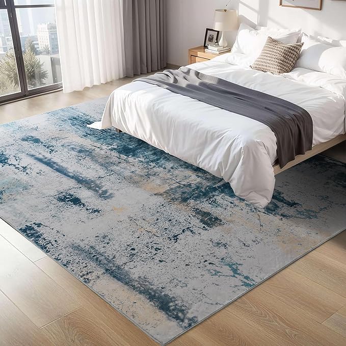 Living Room Rug 7x10 Aqua Blue Area Rugs Machine Washable Abstract Boho Large Rug Non-Slip Non-Shedding Faux Wool Indoor Vintage Carpet for Bedroom, Classroom, Dining Room, Kids Playroom
