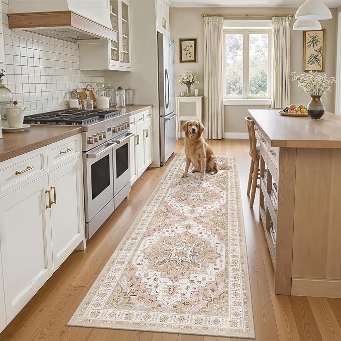 Madane Runner Rug 2x8, Washable Hallway Runner Rugs, Non-Slip Low-Pile Soft Kitchen Rug Runner Laundry Room Rug, Vintage Throw Entry Foyer Mat for Entrance Living Room (Pink, 2 x 8)