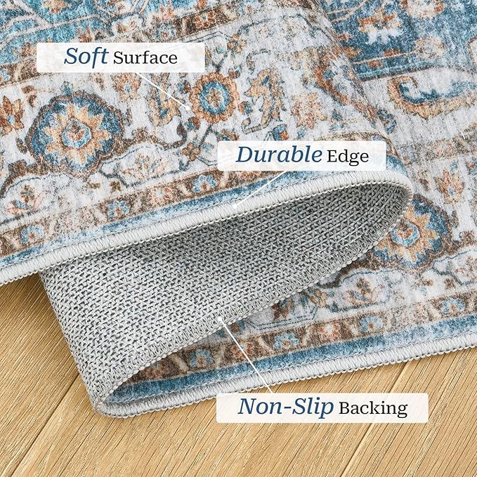 Madane Runner Rug 2'6''x8' Kitchen Runner, Hallway Runner Printed Vintage Washable Rugs Soft Non-Slip Low Pile Runners for Hallways Laundry Room Distressed Floor Carpet, Navy