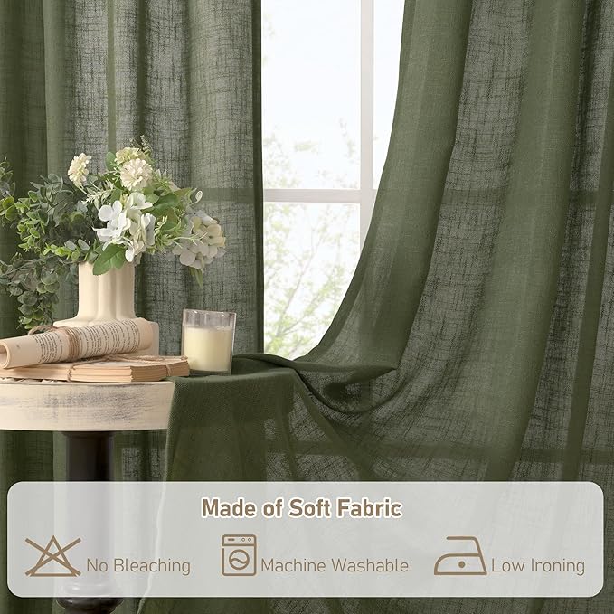 LAMIT Light Filtering Linen Curtains 80 inch for Living Room, Linen Textured Semi Sheer Back Tab and Rod Pocket Boho Modern Christmas Decor Drapes for Bedroom, Olive Green, 2 Panels, 52 x 80 Inch