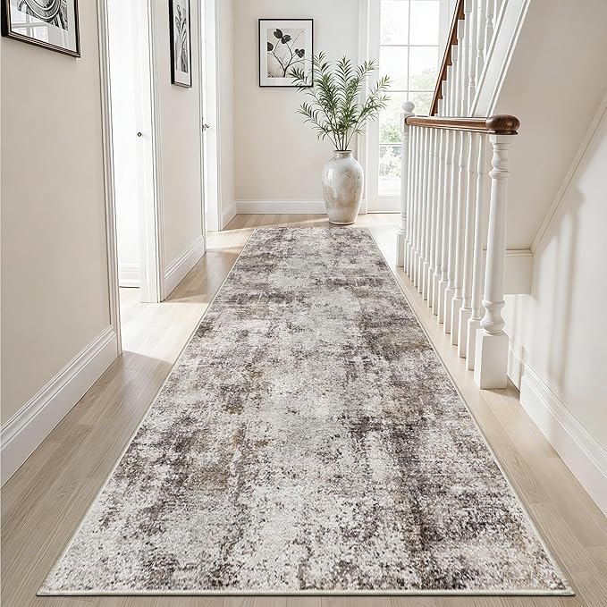 3x12 Washable Hallway Runner Rug: Non Slip Carpet Runners Easy-to-Clean - Soft Living Room Bedroom Kitchen Rugs - Thin Low Pile Printed Floor Mat for Dining Room Neutral Beige Brown