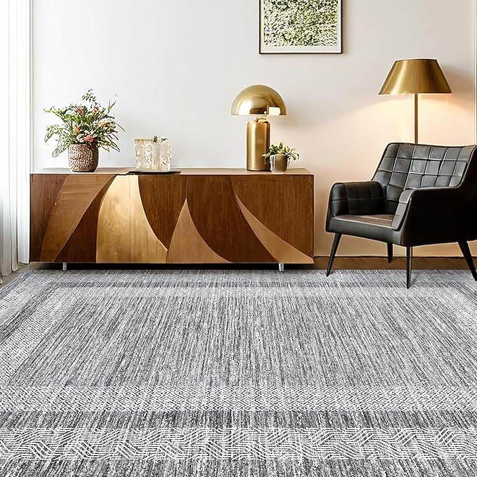 GarveeHome 10x13 Large Washable Geometric Area Rug Non Slip Non Shedding Floor Carpet, Modern Bordered Distressed Gray Indoor Printed Rug for Living Room, Bedroom, Office