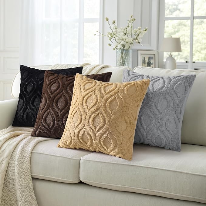 decorUhome Throw Pillow Covers 16x16 Inch Set of 2, Soft Plush Faux Wool Dark Brown Solid Couch Pillow Covers, Accent Farmhouse Neutral Square Pillow Cases for Sofa Bed Living Room