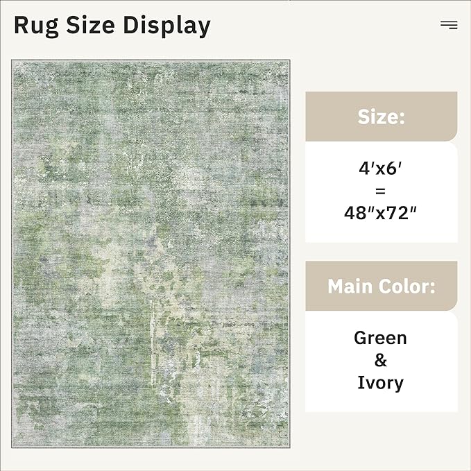 Soalmost Area Rugs 4x6 for Living Room, Vintage Washable Rugs for Dining Room, Kitchen, Non-Slip Area Rug Green Ivory