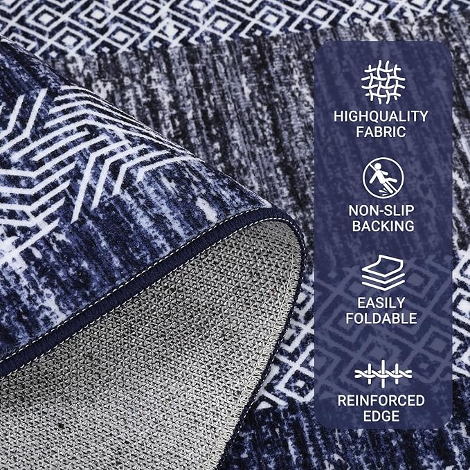 GarveeHome 9x12 Large Modern Navy Blue Area Rug Distressed Bordered Soft Non Shedding Floor Carpet, Geometric Washable Non Slip Low Pile Indoor Area Rug for Living Room, Bedroom
