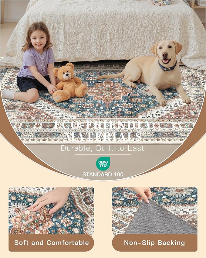 Madane Washable Rug 8x10 Area Rugs for Living Room, Ultra-Thin Non-Slip Backing Rug, Stain Resistant Vintage Large Area Rug for Bedroom (Navy Blue, 8'x10')