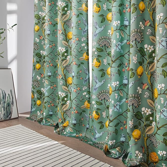 Topfinel Vintage Cottagecore Chinoiserie Curtains & Drapes Botanical Floral Flower Lemon Hummingbird Patterned Sage Green Pioneer Woman Blackout Curtains 96 Inches Long 2 Panels Living Dining Room