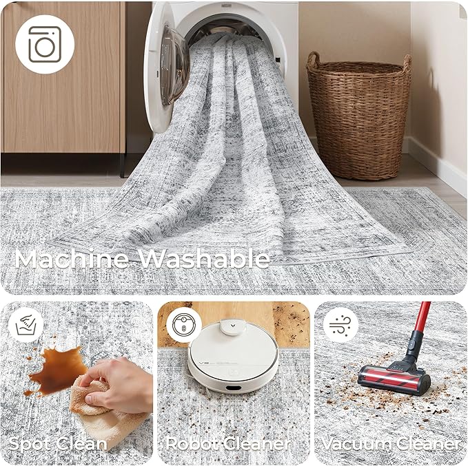 6x9 Rug for Living Room,Soft Low Pile Indoor Washable Rugs for Bedroom, Non-Slip Backing Vintage Large Area Rug, Printed Abstract Carpet(6'x9', Grey/Ivory)