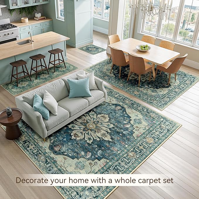Area Rugs 2'x10' Runner Rug Non Slip Washable for Kitchen Hallway Bedroom Beside Laundry Room Bathroom Rug, Floor Carpet, Dark Blue Vintage