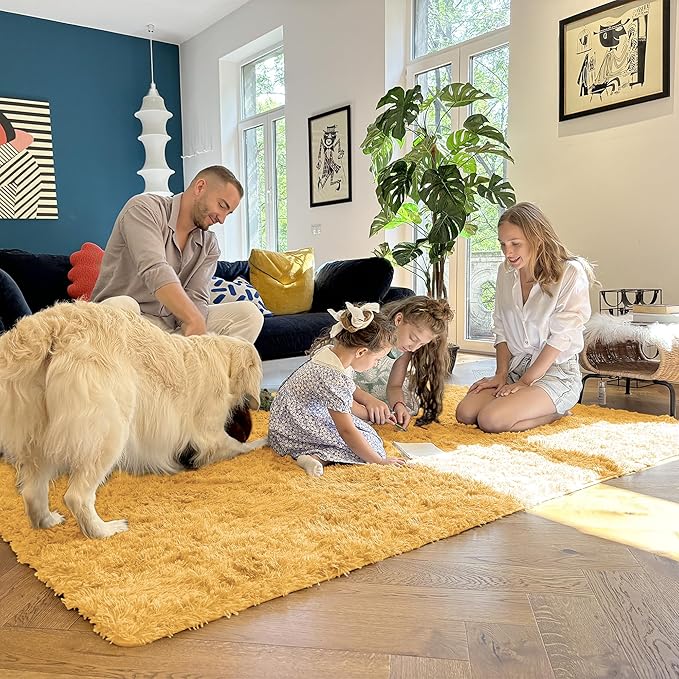 OLANLY 5x7 Machine Washable Large Area Rugs for Living Room, Bedroom, Soft Fluffy Shaggy Bedside Rug, Indoor Floor Carpet for Kids Girls and Boys, Dorms, Nursery, Home Decor Aesthetic, Mustard Yellow