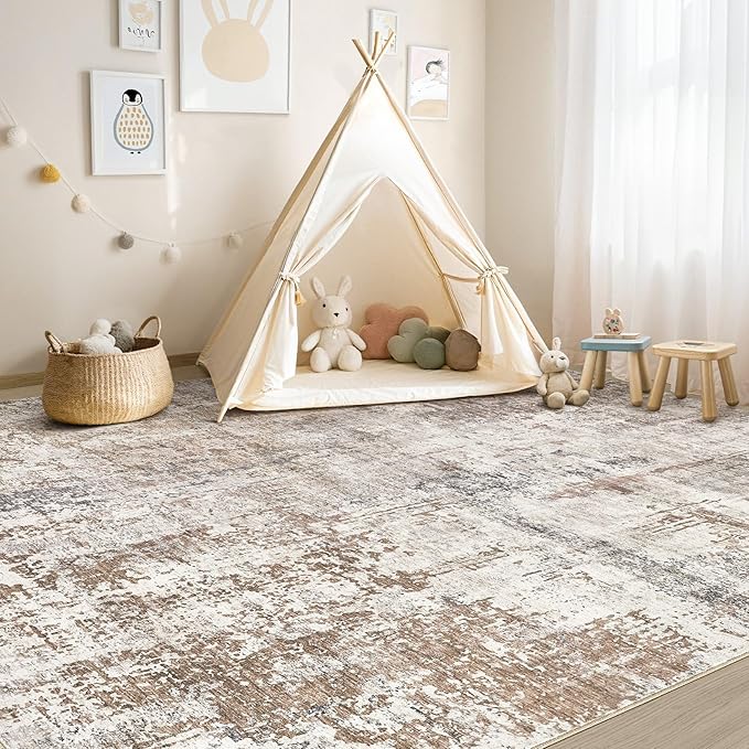UERMEI 5x8 Area Rug Living Room Rugs - Washable Neutral Modern Abstract Soft Thin Rug Indoor Floor No Slip Rug Carpet for Bedroom Under Dining Table Home Office Decor - Brown/Grey/Red