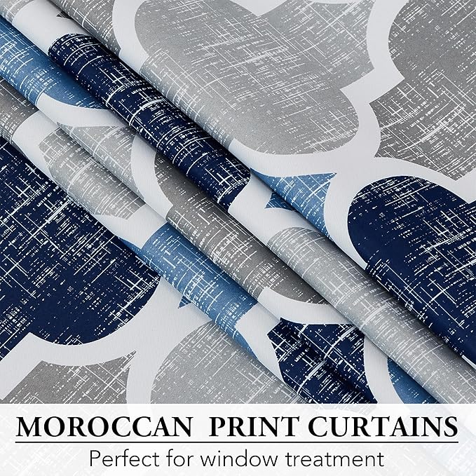 Beauoop 100% Blackout Curtains 96 Inches Long for Patio Sliding Door Blue Grey Extra Wide Moroccan Geo Room Darkening Thermal Soundproof Room Divider Grommet Window Treatment Drapes,100x96 Set of 1