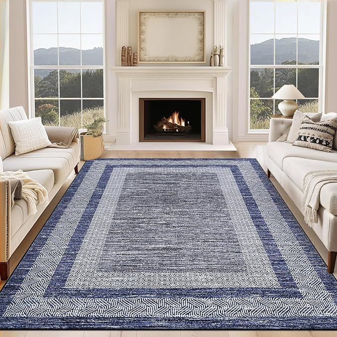 GarveeHome 6x9 Large Washable Area Rug Modern Bordered Rug Distressed Geometric Floor Carpet, Soft Non Slip Low Pile Non Shedding Rug, Indoor Navy Blue for Bedroom, Living Room