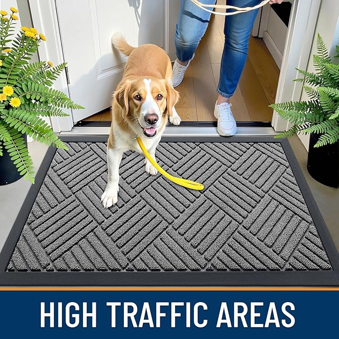OLANLY Front Door Mat Outside Entrance 47x17, Absorbent, Heavy Duty Sturdy Natural Rubber Doormat Indoor Outdoor, Stain and Fade Resistant, Non-Slip Low Profile Floor Mat for Entryway, Grey Diamond