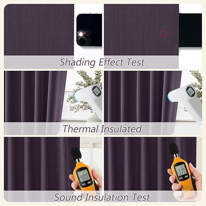 Plum 100% Blackout Linen Curtains 90 Inch Length 2 Panels Set for Living Room Bedroom Back Tab Thermal Insulated Black Out Drapes Room Darkening Farmhouse Style for Bedroom Window Curtains 52x90