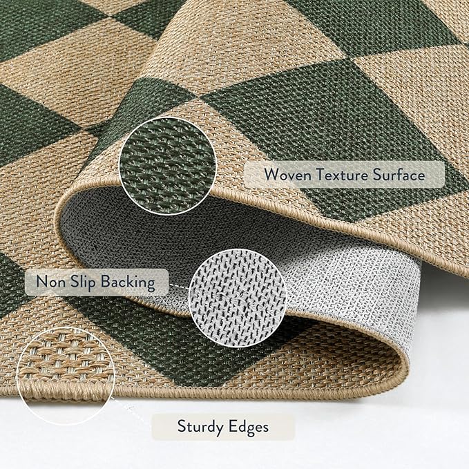 Lahome Colette Checkered Kitchen Runner, 2x8 Easy Jute Runner Rug for Hallway Entryway, Farmhouse Indoor Outdoor Non Slip Non Shedding Green Carpet for Laundry Bedroom Porch Corridor