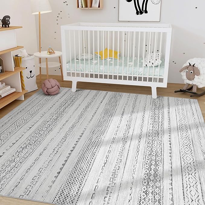 Nakagishi Area Rug Living Room Rugs: 3x5 Soft Machine Washable Boho Neutral Farmhouse Stain Resistant Moroccan Indoor Floor Carpet for Bedroom Nursery Kids Entryway Kitchen Entry Bedside Home- Grey