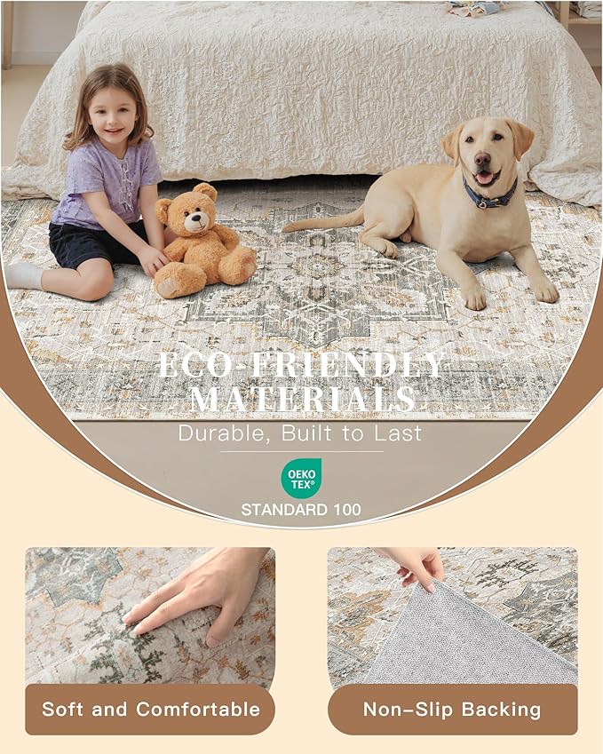 Madane Runner Rug 2'6''x8' Kitchen Runner, Hallway Runner Printed Vintage Rug 2.5x8ft Washable Rugs Soft Non-Slip Low Pile Runners for Hallways Laundry Room Rug, Light Taupe Brown
