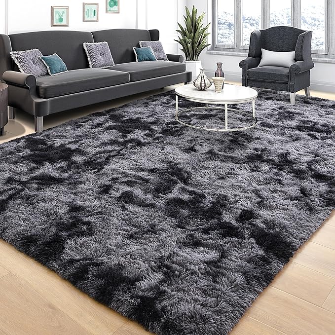 Tepook Soft Fluffy Rugs for Living Room, 5x7 Shaggy Area Rug for Bedroom, Modern Shag Rug Fuzzy Carpets for Kids, Plush Indoor Nursery Home Decor Rug with Non-Slip Bottom, Tie-dye Dark Grey
