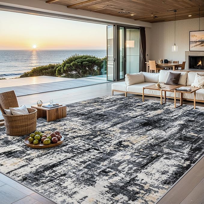 Area Rugs 10x14 Living Room - Washable Rug Modern Abstract Soft Large Neutral Non-Slip Carpet Indoor Floor Thin Carpets for Bedroom Dining Room Farmhouse Nursery Home Office Black Gold