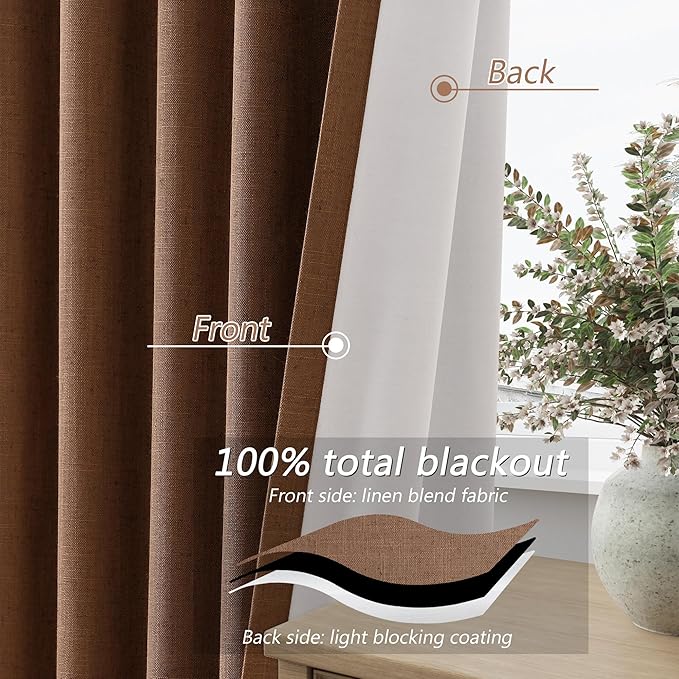 Guken 100% Blackout Linen Curtains 84 Inch Length 2 Panels Set for Living Room Bedroom Back Tab Thermal Insulated Black Out Linen Drapes Room Darkening Window Curtains 84 Inches Long,Caramel Brown