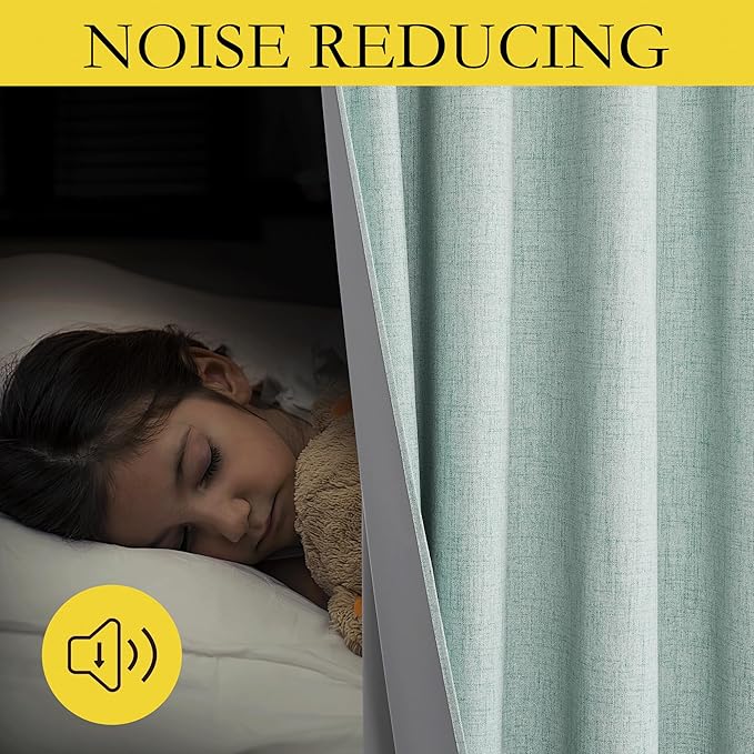 NICETOWN 100% Absolutely Blackout Linen Curtains with Thermal Insulated White Liner, Seafoam Green, 52" Wide, 90" Length Energy Saving Curtains for Living Room 2 Panels Set, Vertical Blinds